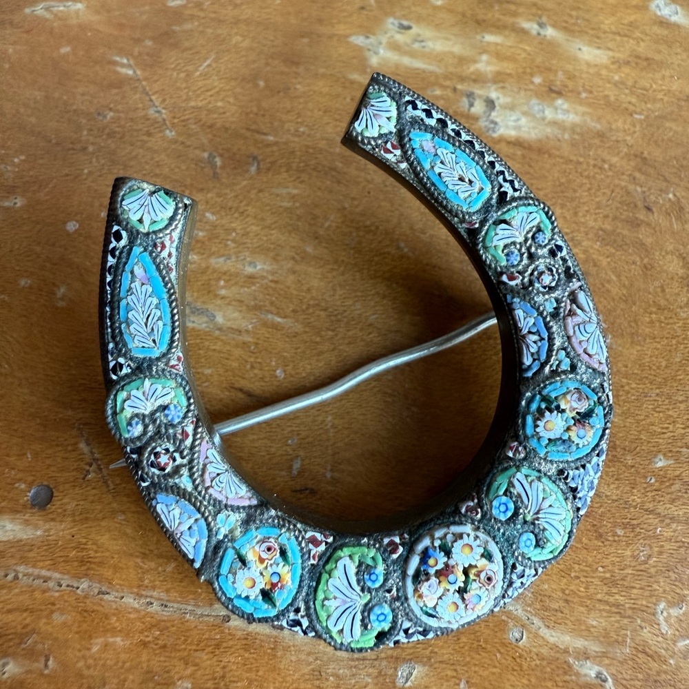 Antique Italian Micro Mosaic Brooch Lucky Horseshoe 1920s - Picture 6 of 7
